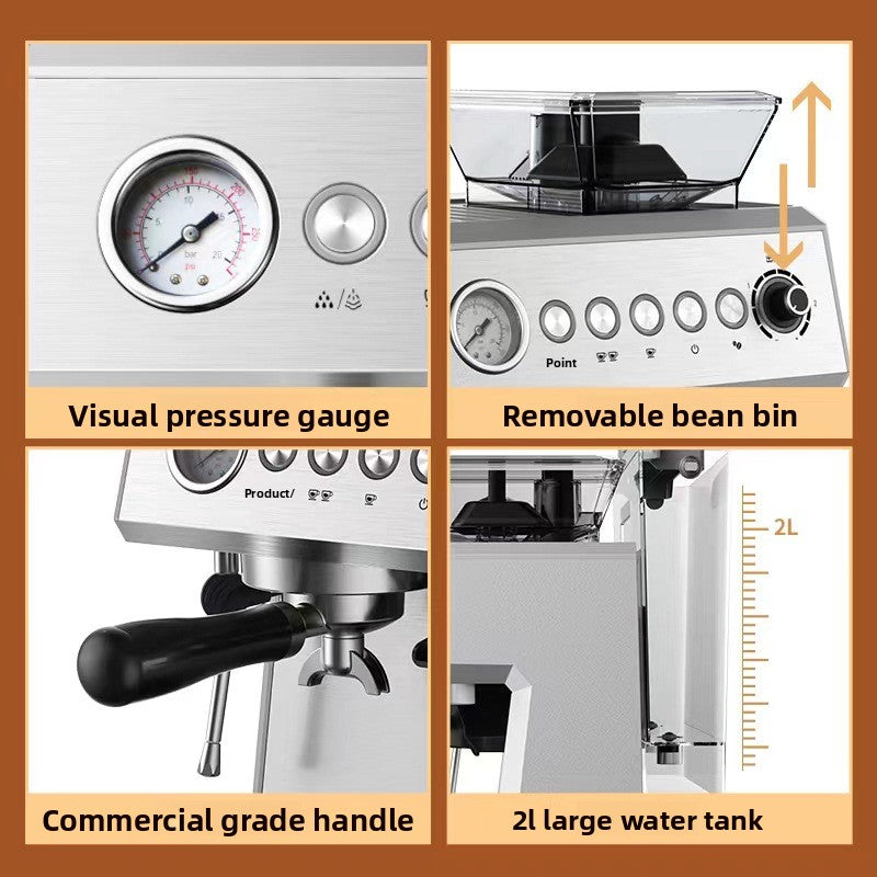 Espresso Coffee Maker with Adjustable Coffee Beans 7 ways to grind | 1 and 2 whisk system | Variable Bar | Lance with steam for whisking milk | Espresso