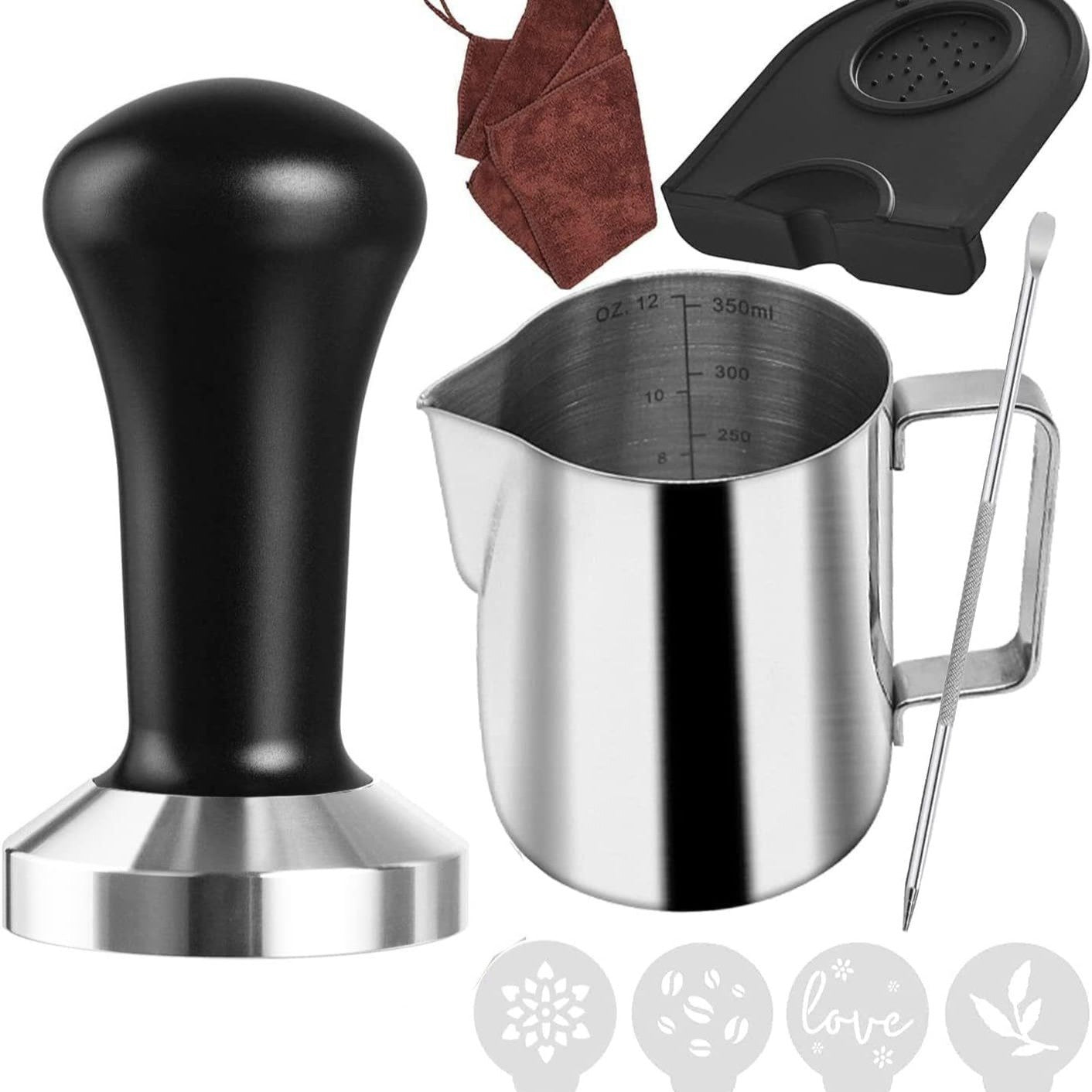 Coffee Tamper Set - Espresso Barista Coffee Machine Accessories Set - 51mm Espresso Tamper, WDT Tool, 51mm Dosing Funnel, 51mm Puck Screen, Milk Jug, Latte Art Pen,Tamper Mat, Coffee Stencils