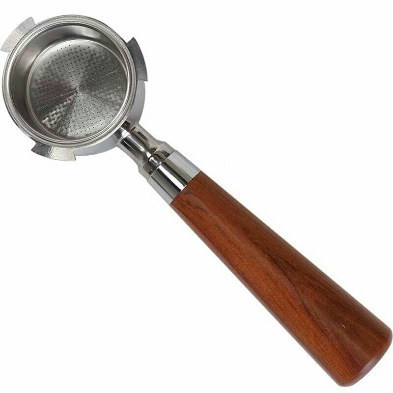 51mm bottomless handle, 3 ears, comes with a stainless steel filter basket and wooden handle