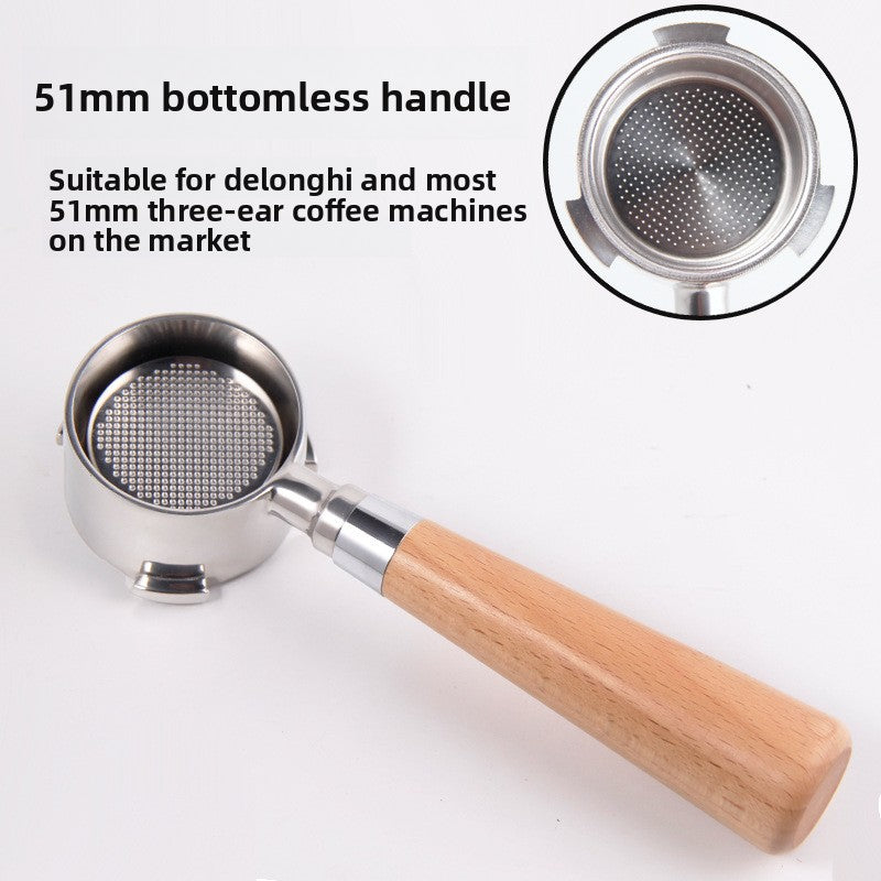 51mm bottomless handle, 3 ears, comes with a stainless steel filter basket and wooden handle