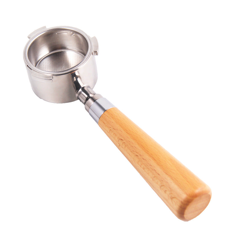 51mm bottomless handle, 3 ears, comes with a stainless steel filter basket and wooden handle