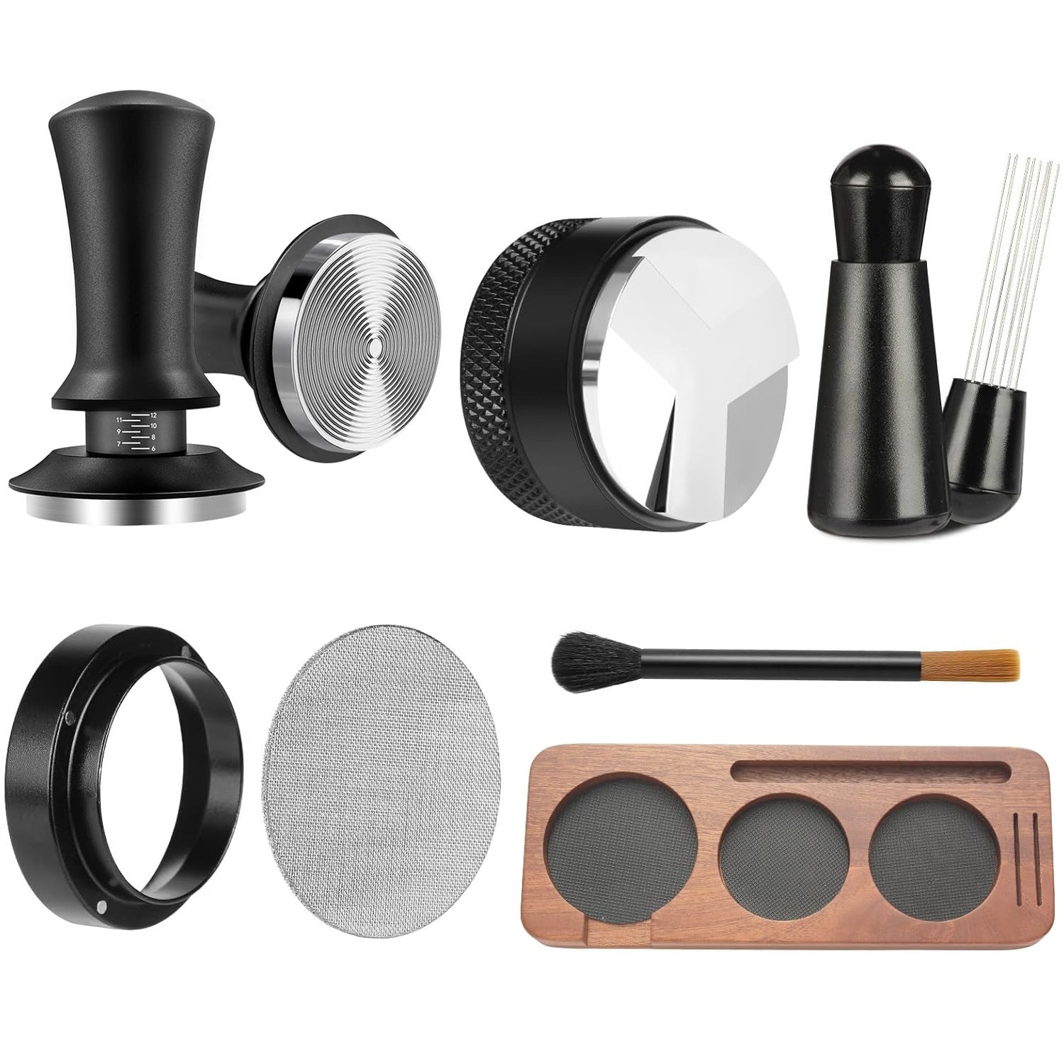 7 PCS Espresso Accessories,Espresso Tamper Tools,WDT Tool Espresso Machine Accessories Kit,Coffee Tamper with Wood Espresso Tamping Station,Distributor,Stirrer,Dosing Funnel,Brush,Puck Screen (58mm)