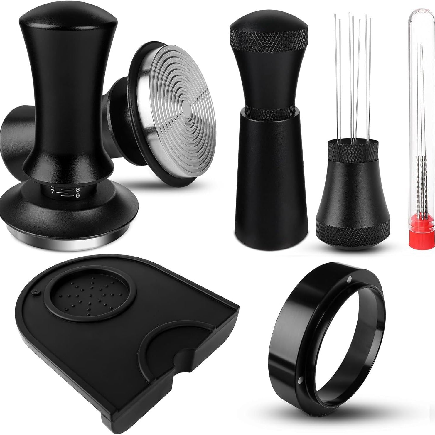Coffee Tamper 54 mm Set, Upgraded Espresso Tamper Set Including WDT Tool, Dosing Ring 54 mm, Tamper Mat, Pressure-Regulating Tamper Base Ripple Made of Stainless Steel with 30 lbs Contact Pressure for