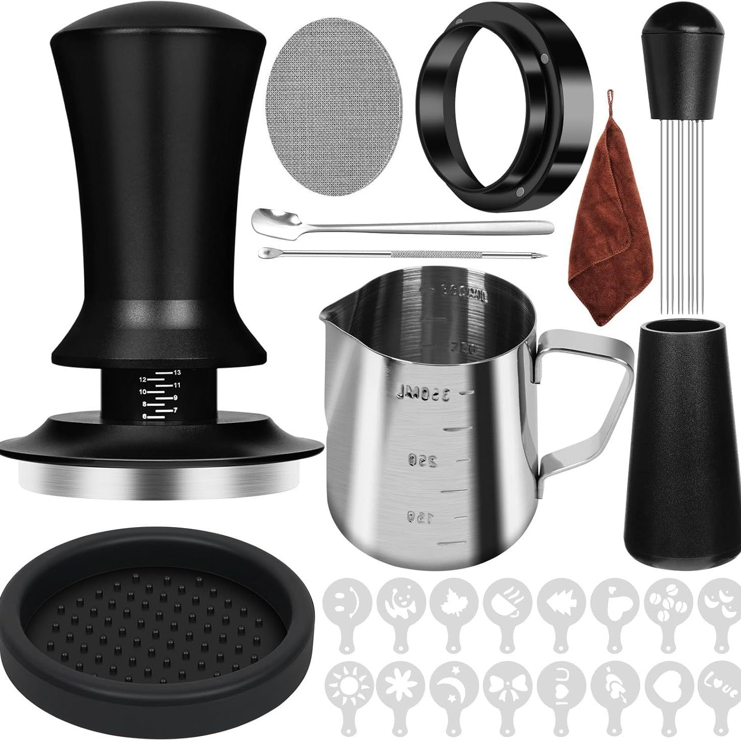 Coffee Tamper Set - Espresso Barista Coffee Machine Accessories Set - 51mm Espresso Tamper, WDT Tool, 51mm Dosing Funnel, 51mm Puck Screen, Milk Jug, Latte Art Pen,Tamper Mat, Coffee Stencils