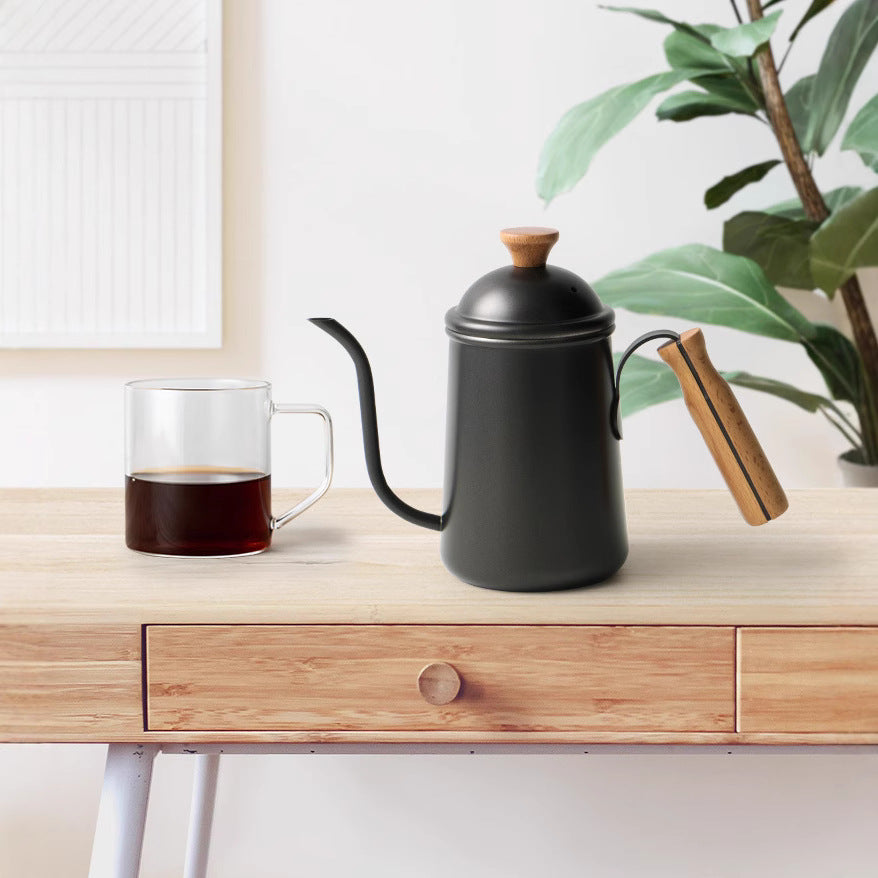 Stainless Steel Coffee Kettle with Wooden Handle Creative Drip Coffee Maker Design Long Narrow Spout for Precise Pouring