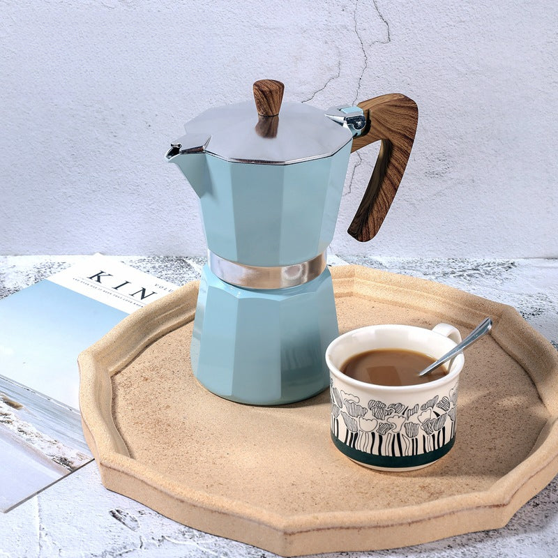 Single Valve Octagonal Coffee Pot Aluminum Moka Pot Extraction for Italian Coffee Machine with Anti-scald Wood Handle 150/300ml