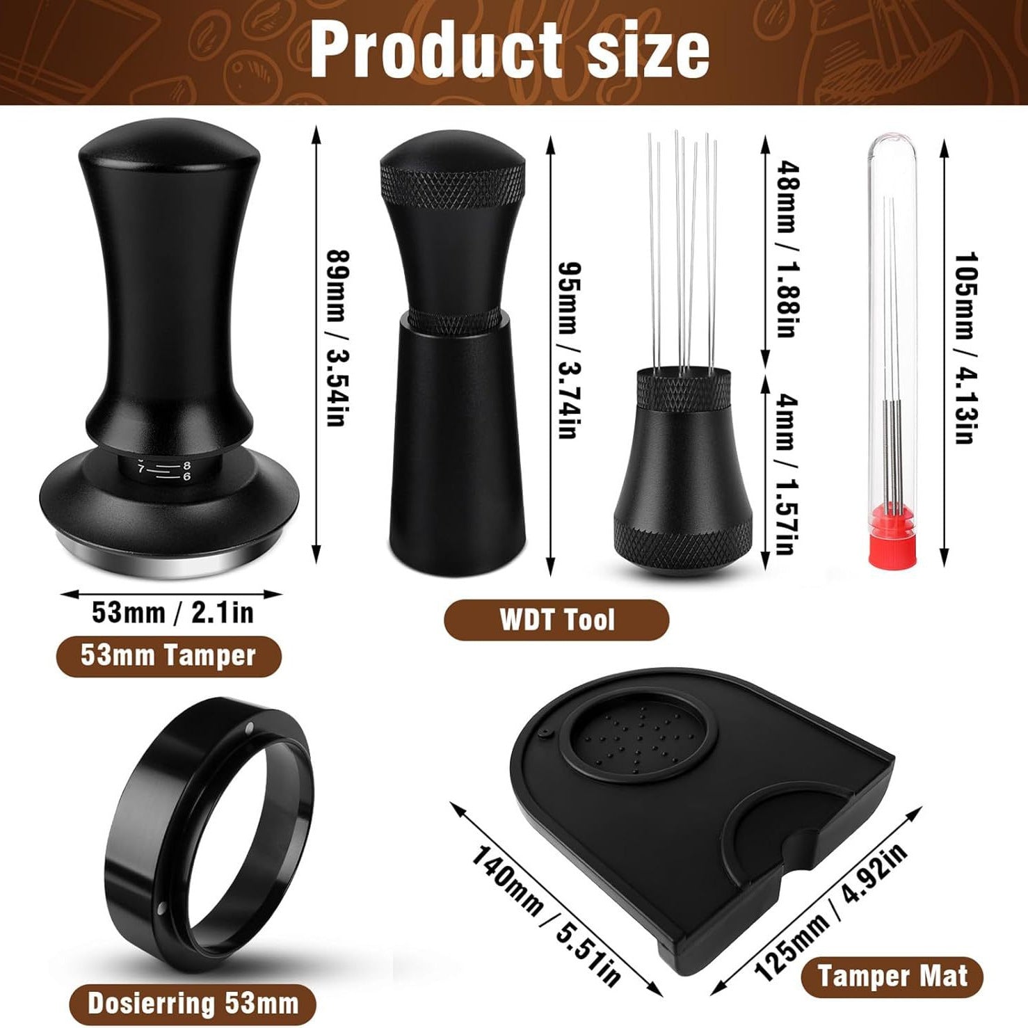 Coffee Tamper 54 mm Set, Upgraded Espresso Tamper Set Including WDT Tool, Dosing Ring 54 mm, Tamper Mat, Pressure-Regulating Tamper Base Ripple Made of Stainless Steel with 30 lbs Contact Pressure for