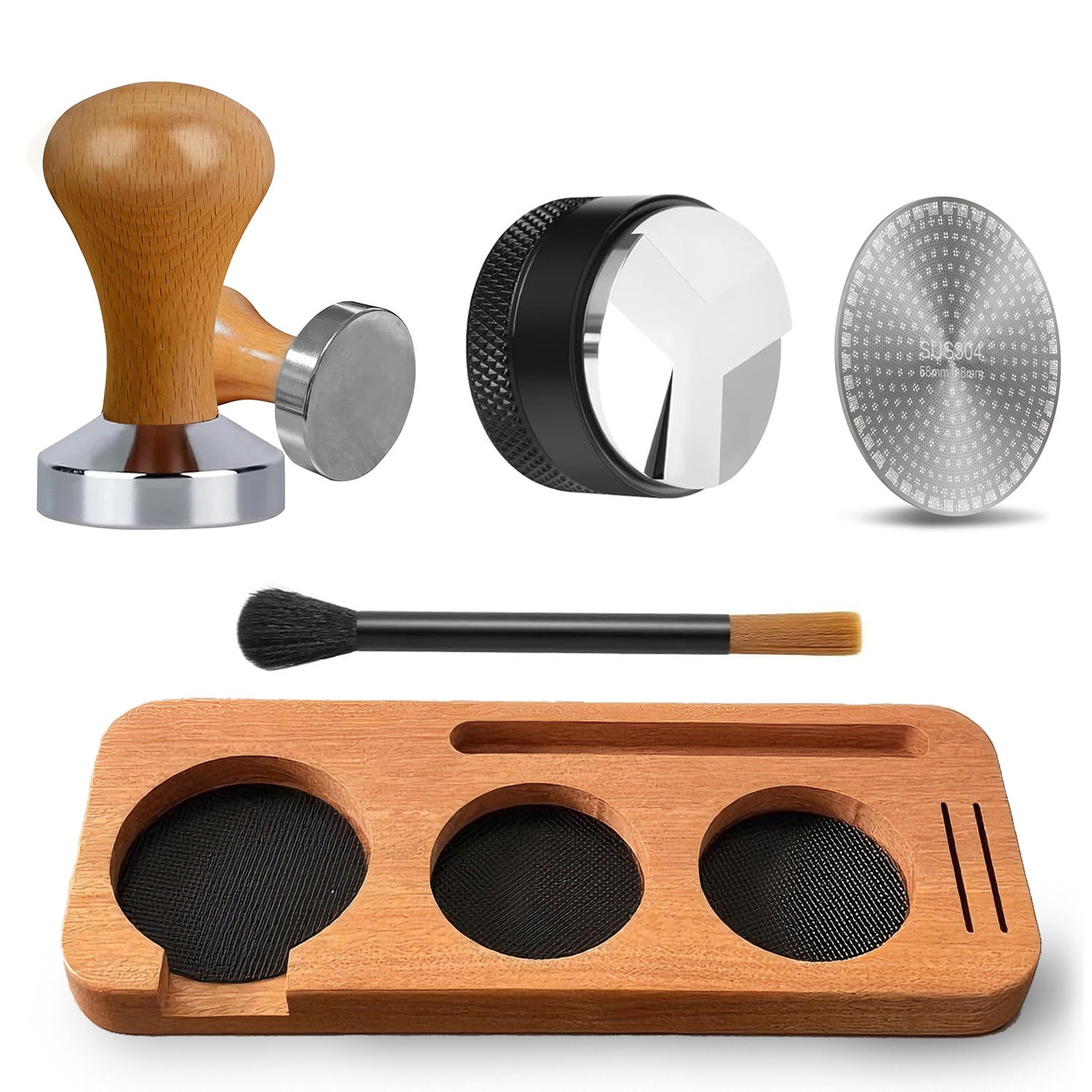 7 PCS Espresso Accessories,Espresso Tamper Tools,WDT Tool Espresso Machine Accessories Kit,Coffee Tamper with Wood Espresso Tamping Station,Distributor,Stirrer,Dosing Funnel,Brush,Puck Screen (58mm)