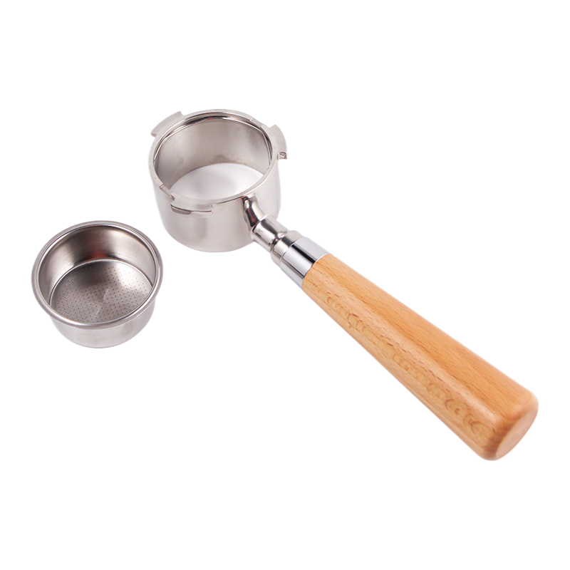 51mm bottomless handle, 3 ears, comes with a stainless steel filter basket and wooden handle
