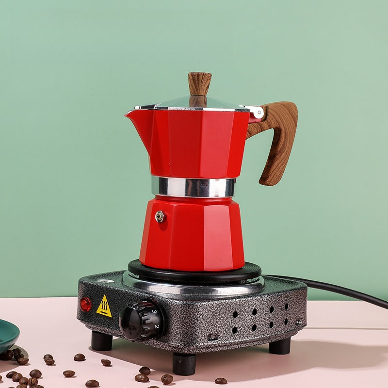 Single Valve Octagonal Coffee Pot Aluminum Moka Pot Extraction for Italian Coffee Machine with Anti-scald Wood Handle 150/300ml